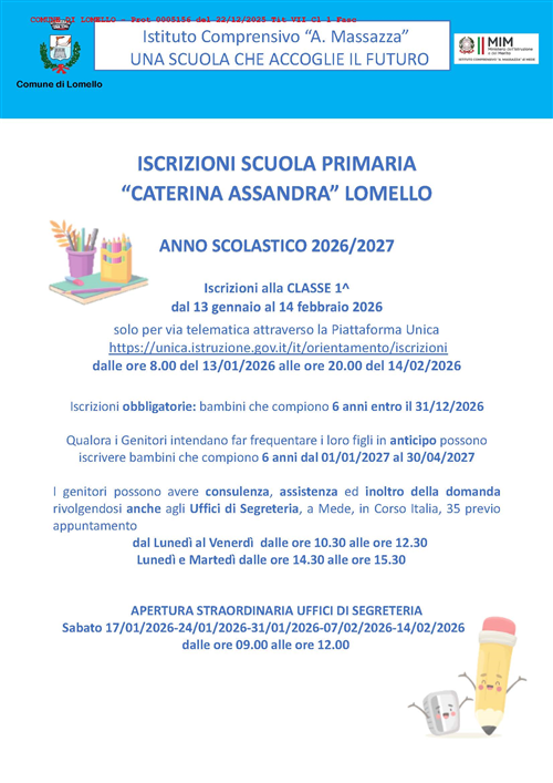 Scuola Primaria di Lomello - iscrizioni - anno scolastico 2026/2027