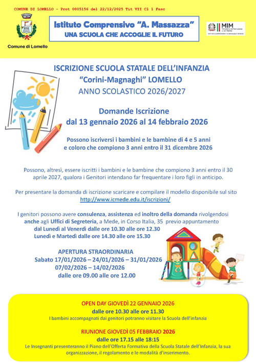 Iscrizioni a Lomello - Scuola statale dell'Infanzia "Corini-Magnaghi" - istituto comprensivo A. Massazza di Mede (PV)