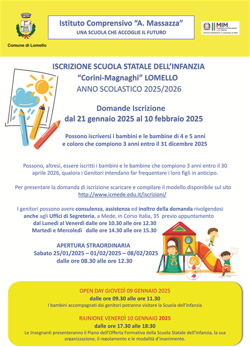 Iscrizione alla Scuola dell'Infanzia, Primaria e Secondaria di Lomello