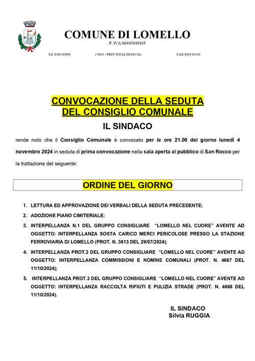 Consiglio comunale lunedì 4 novembre 2024 a SAN ROCCO ore 21,00 - Prot.n.4915